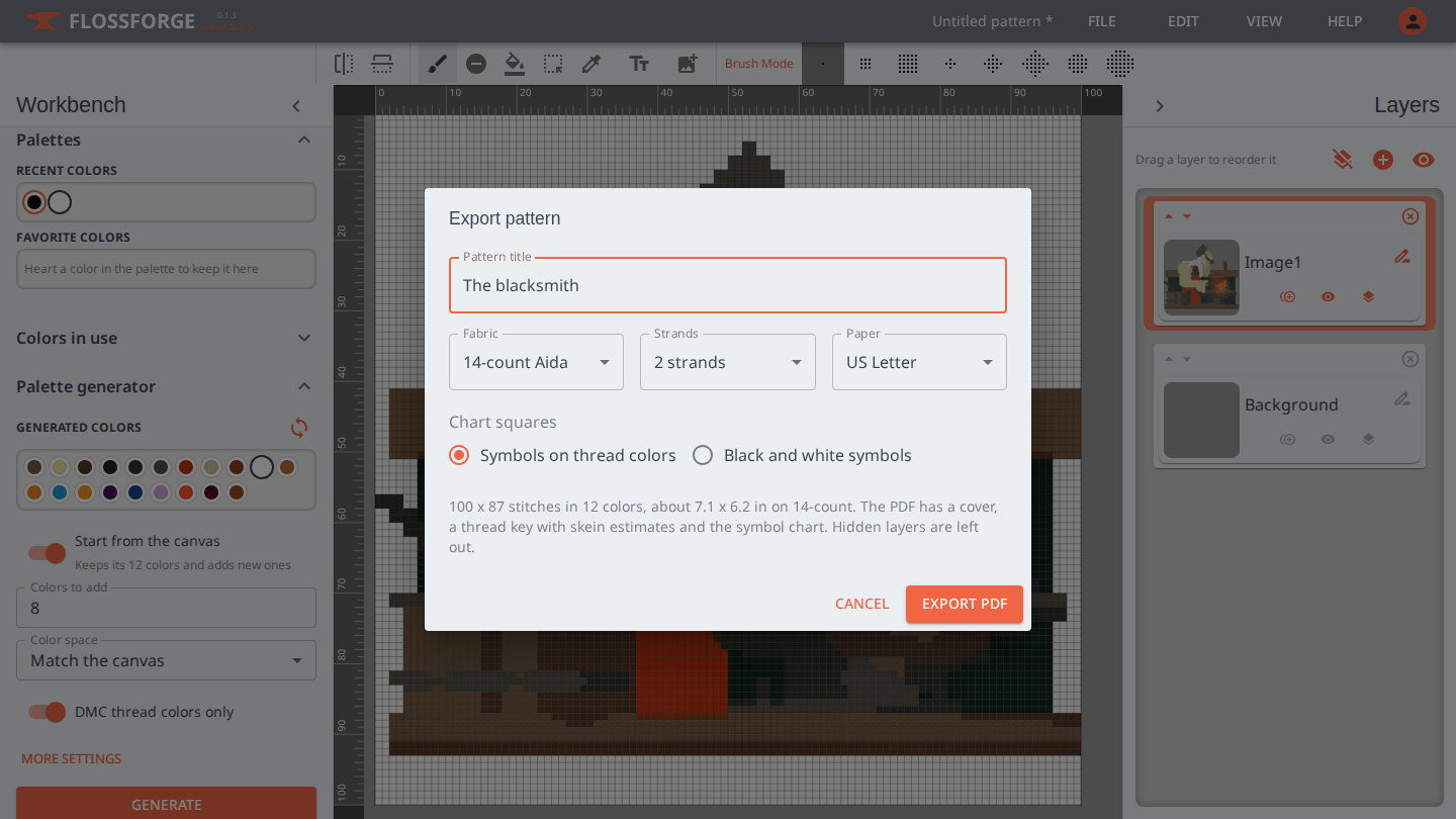The export dialog: title, fabric, strands, paper and the chart style.