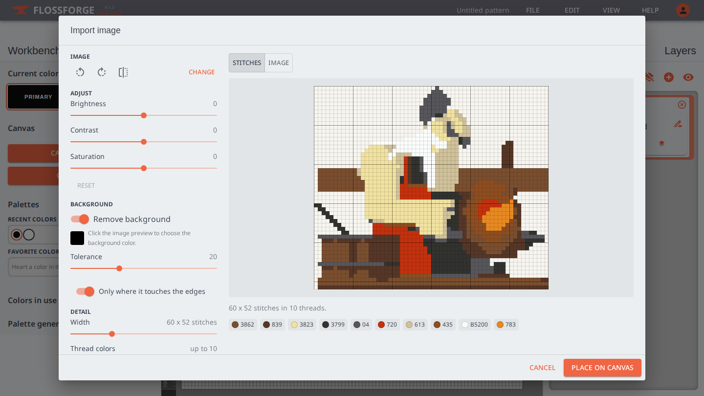 The import dialog: the picture on the left with its adjustments, the stitch preview on the right.