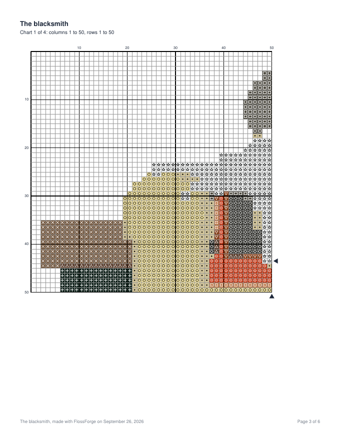 The chart page: a symbol in each square, bold lines every ten stitches, and arrows marking the center of each edge.