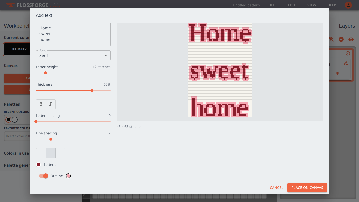 The text dialog with a line set in a serif font.